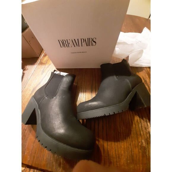 Size 9 Dream Pairs Black PU Fre Chunky High Heel Chelsea Ankle Boots Booties - Picture 11 of 12
